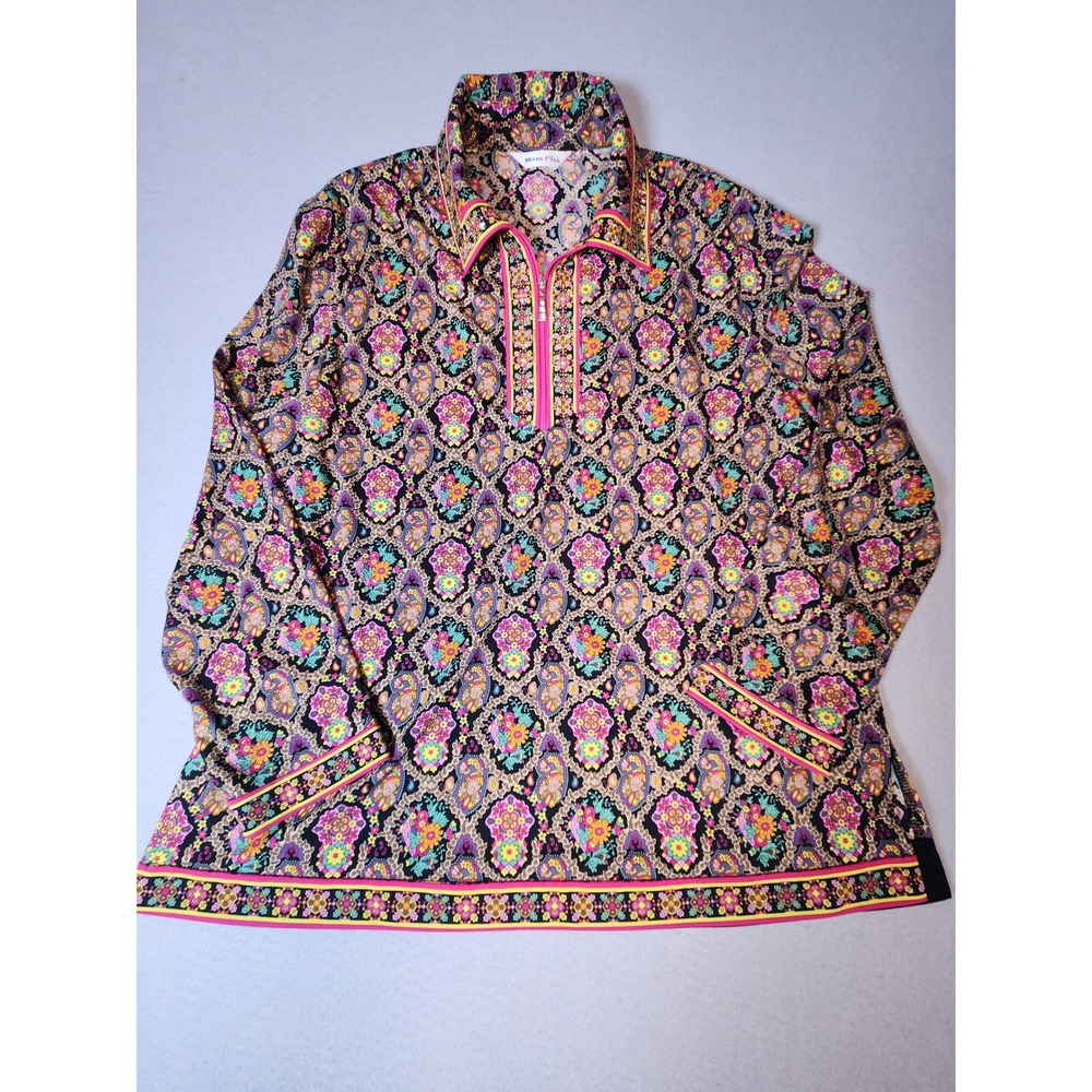 Mode Pill Womens Paisley Medallion Quarter Zip Top Rhinestone Embellished Pink L